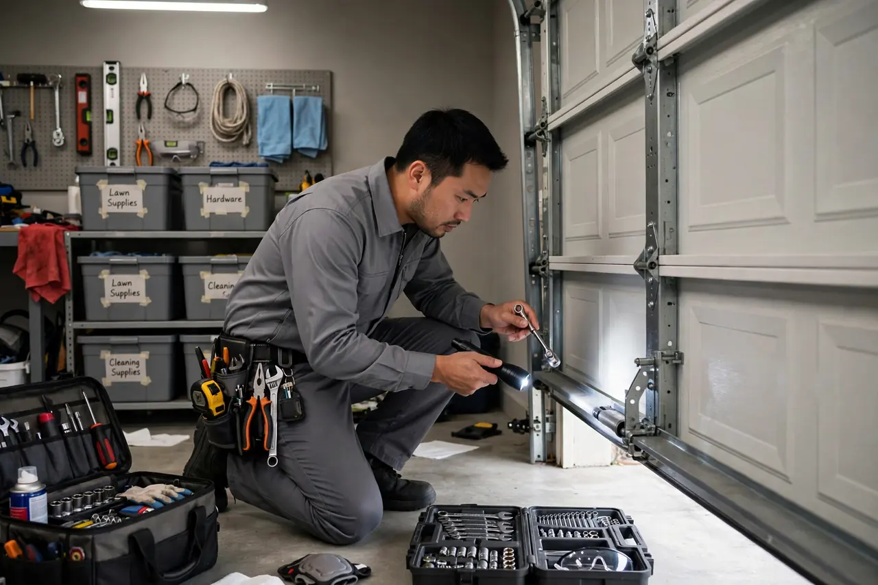 Technician inspecting garage door hardware in Coral Springs